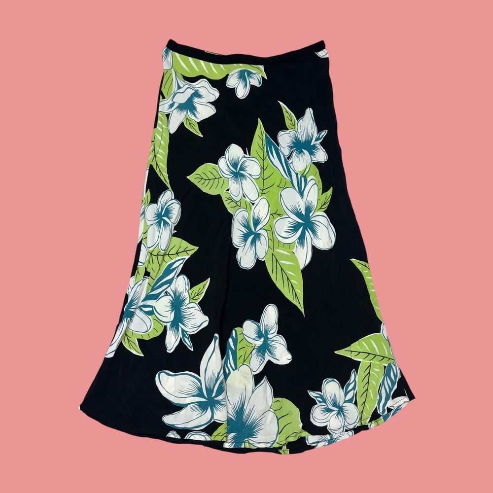 Acorn Floral Midi Skirt Black Tropical Plumeria Rayon Size 2